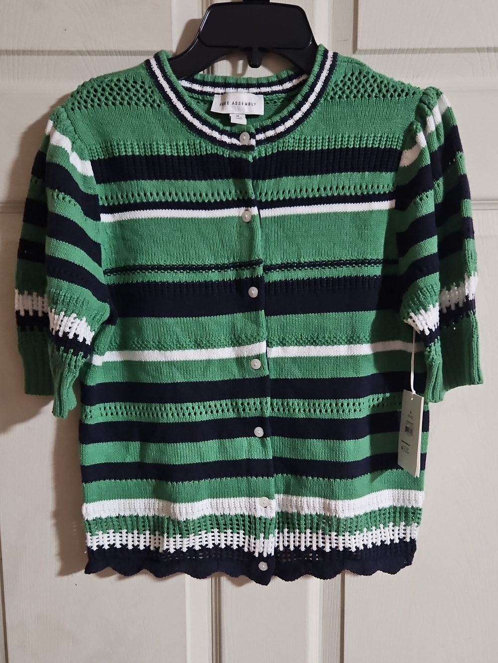 Free Assembly Textured Stripe Cardigan Sweater: Short Puff Sleeves: NWT: M(8-10)